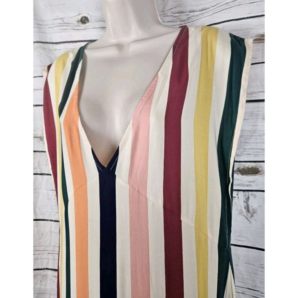 Tularosa Multi Rainbow Striped Dress M Midi Cap Sleeve Long V-neck Rayon - Picture 3 of 7